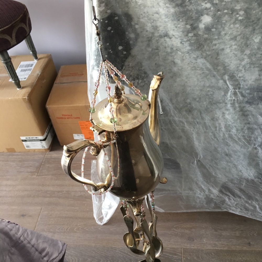 Silver plated tea pot with hanging spoons